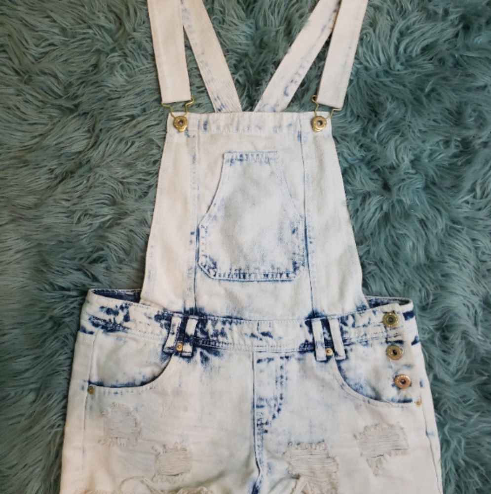 Acid Denim Wash Short Overalls